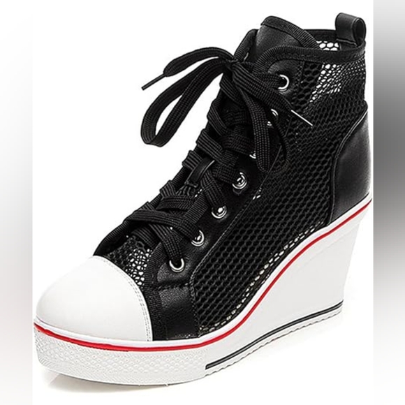 Women's Black and White Mesh Wedge Sneakers - Picture 1 of 5